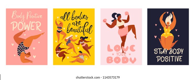 Feminism body positive vertical cards with love to own figure, female freedom, girl power isolated vector illustration. - Shutterstock ID 1143573179