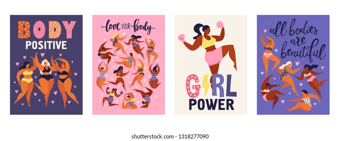 Feminism body positive vertical cards with love to own figure, female freedom, girl power isolated vector illustration.