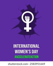 Feminism is breaking the wall of gender inequality. Banner for International Women's Day with the theme for 2025 - Accelerate Action (#accelerateaction). Banner for social media in a minimalist style.