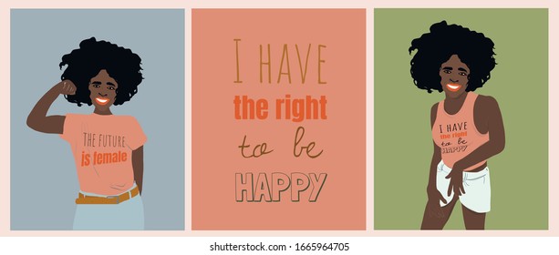 Feminism cards, afro woman smiling in a t-shirt with the inscription. Girl power concept. Human rights. Inspiration poster with motivation phrase. 