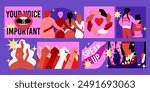 Feminism cards. International march. Female solidarity. Women power flyers design. Girls rights. Empowerment movement. Feminine groups. Multiethnic support community. Vector sisterhood posters set