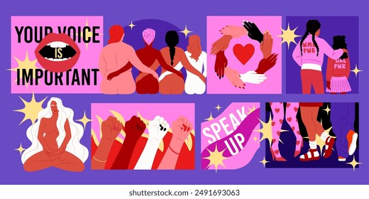 Feminism cards. International march. Female solidarity. Women power flyers design. Girls rights. Empowerment movement. Feminine groups. Multiethnic support community. Vector sisterhood posters set