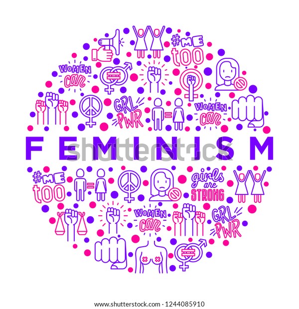 Feminism Concept In Circle With Thin Line Icons Womens Rights Girl Power Gender Equality