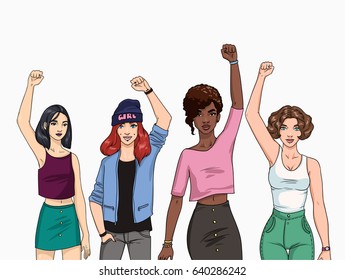  Feminism concept. Different young modern girls with hands up. Colorful illustration.