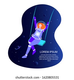 Feminism concept. Free happy Female Cosmonaut in Space. Opportunity to Choose Profession. International Woman Day Celebrating. Feminine idea, Women Empowerment. Flat Motivation Vector Illustration