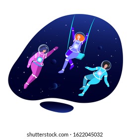 Feminism concept. Free happy Women Cosmonauts in Space. Super women. Female Opportunity Choose Profession.International Woman Day. Feminine Power,Women Empowerment. Flat Motivation Vector Illustration
