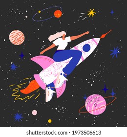 Feminism concept. Girl on a rocket flying in space to the stars and achievements. Cosmic power of a woman. Female International Woman Day. Girl Power Inspirational Poster.