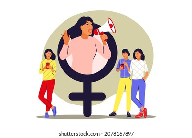 Feminism concept. Girl power and feminist movement. Woman with megaphone. Vector illustration. Flat.