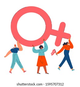 Feminism concept with group of different women goes and hold symbol of Venus together.Girls power.Cartoon characters isolated on white background.Colorful flat vector illustration.Empowerment of women