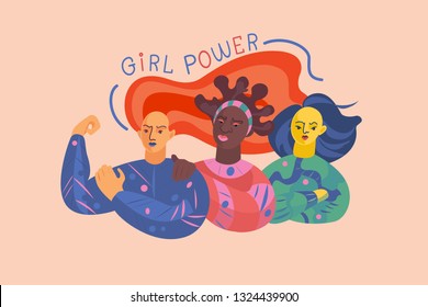 Feminism concept. A group of women of different nationalities protesting and claiming their rights. Women's empowerment. Flat vector illustrations for cards, banners, for the International Women's Day
