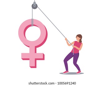 Feminism concept. Strong young woman pulling female symbol up using rope. Flat vector illustration.