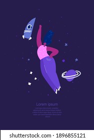 Concepto de feminismo. Mujer brillante confiada volando con cohetes al espacio, estrellas y logros. Super Mujeres.Día Internacional De La Mujer Femenina Todos Los Días.Poder Femenino,Empoderamiento.Ilustración Vector Plana