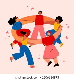 Feminism concept.Diverse international and interracial women dancing together in circle.Feminine and feminism ideas,woman empowerment.Cartoon characters.Colorful illustration on white background.