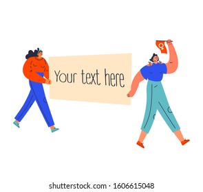 Feminism concept.Diverse woman go with poster.Your text here.Feminine and feminism ideas,woman empowerment.Cartoon characters.Colorful vector illustration.Woman with flag with symbol of Venus.