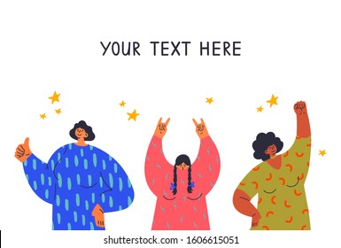 Feminism concept.Diverse woman show different gestures.Your text here.Feminine and feminism ideas,woman empowerment.Cartoon characters.Colorful vector illustration.Woman on rock concert.Like,gesture