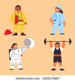 Feminism concept.little girls in costume of fireman,astronaut,doctor,weightlifter.Motivation poster.Feminine and feminism ideas,woman empowerment.Cartoon characters.Colorful vector illustration.