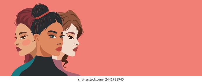 Feminism day vector banner. Strong diverse women of ethnically different cultures stand shoulder to shoulder. Feminism concept, gender equality, protection of women's rights and freedoms
