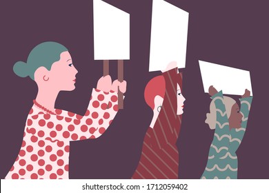 Feminismo, protesta por la diversidad. Mujeres sosteniendo carteles en blanco y pancartas participando en el desfile. Activismo social. Diversidad, derechos de la mujer, movimiento, democracia. Ilustración vectorial. EPS 10.