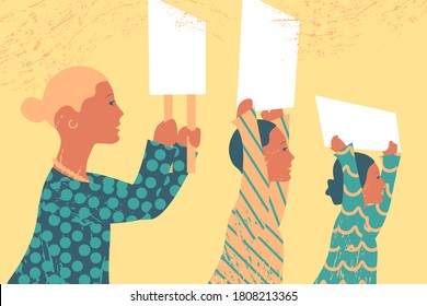 Feminism, diversity protest. Women holding blank placards and banners taking part in parade. Social activism. Diversity, women's right, movement, democracy. Vector illustration. EPS10.