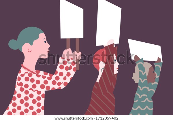 Feminism, diversity protest. Women holding blank\
placards and banners taking part in parade. Social activism.\
Diversity, women\'s right, movement, democracy. Vector illustration.\
EPS 10.