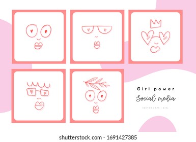 Feminism doodle poster Girl power card, Feminists. Women's faces icons on a sheet of exercise book, Informal girls, Punk rock women. Creative hand-drawn characters. Vector Art illustration