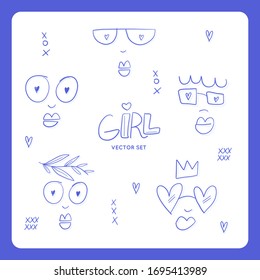 Feminism doodle poster Girl power card, Feminists. Women's faces icons on a sheet of exercise book, Informal girls, Punk rock women. Creative hand-drawn characters. Vector Art illustration