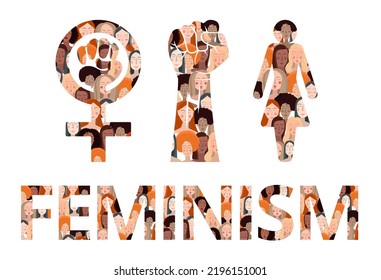 Feminism elements and text set. Feminist elements on a white background. Design of women's textile t-shirt. Women's hand drawn brush. Vector illustration