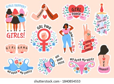 Feminism. Female power and solidarity, women rights and protest activists symbols and slang words for card, trendy poster or flyer, body positive and girl power bright stickers vector isolated concept - Shutterstock ID 1840854553
