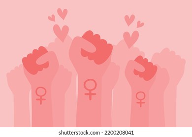 Primeros feministas, protestas y revolución, lucha feminista, dibujos vectoriales con manos llenas. Activistas del feminismo, puño, símbolo de fuerza, igualdad y malestar, Unión por los Derechos de la Mujer, poder de la mujer