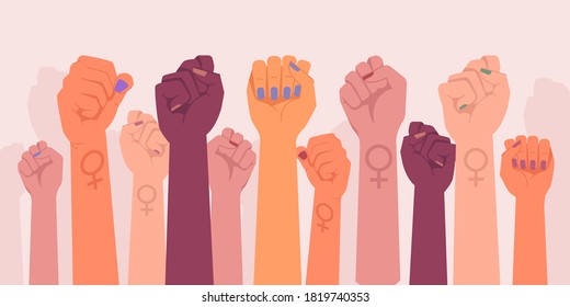 Feminism fists, protest and revolution, feminists fight, vector cartoon flat hands. Feminism activists fist symbol of strength, equality and riot, woman rights union, female power and solidarity