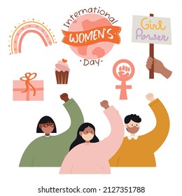 Feminism fists, protest and revolution, feminists fight, vector cartoon flat hands. Feminism activists fist symbol of strength, equality and riot, woman rights union, female power and solidarity