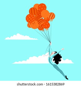 Feminism - free woman flying with balloons