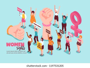 Feminism gestures and activists for women rights with placards on light background isometric horizontal vector illustration