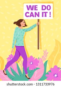 Feminism, girl power concept. Cute girl protesting and vindicating their rights with nameplates. Women empowerment. Inscription "We can do it". Vector illustration.