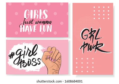 Feminism, girl power concept. Female revolution, strike, protest. Vector stock illustration templates with lettering design for card, poster, flyer, banner, badge, postcard, t-shirt, print. 