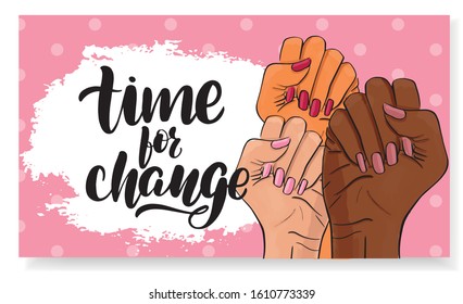 Feminism, girl power concept. Female revolution, strike, protest. Vector stock illustration templates with lettering design for card, poster, flyer, banner, badge, postcard, t-shirt, print.