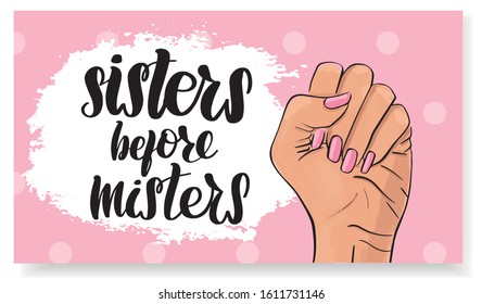 Feminism, girl power concept. Female revolution, strike, protest. Vector stock illustration templates with lettering design for card, poster, flyer, banner, badge, postcard, t-shirt, print.