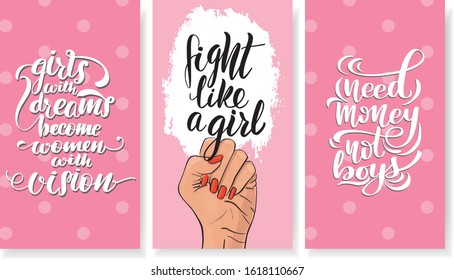 Feminism, girl power concept. Female revolution, strike, protest. Vector stock illustration templates with lettering design for card, poster flyer, banner badge, postcard, t-shirt, print.