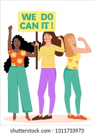 Feminism, girl power concept. Group of women different nationalities and cultures protesting and vindicating their rights. Women empowerment. Vector illustration on white background.