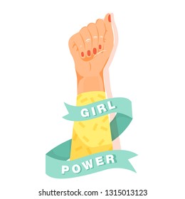 Feminism, girl power concept. Feminism symbol. Fighting fist of a woman with ribbon and inscription "Girl Power". Fight for the rights and equality. Vector illustration on white background.