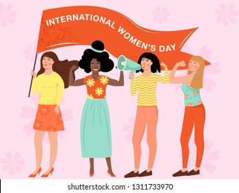 Feminism, girl power, International Women's Day concept. Group of women different nationalities and cultures protesting and vindicating their rights. Women empowerment. Vector illustration.