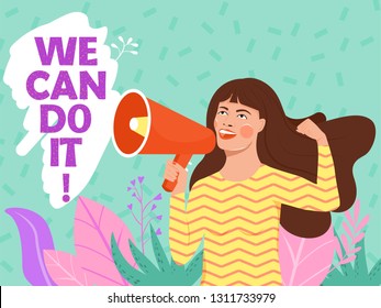 Feminism, girl power, International Women's Day concept. Cute girl making announcement through a megaphone. Women empowerment. Vector illustration.