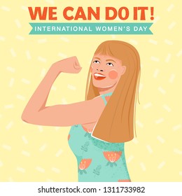 Feminism, girl power, International Women's Day concept. Strong girl showing her muscularity. Women empowerment. Vector illustration.