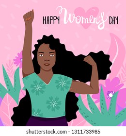 Feminism, girl power, International Women's Day concept with flowers and leaves. Strong afro-american girl showing her power. Women empowerment. Vector illustration.