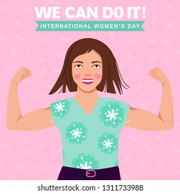 Feminism, girl power, International Women's Day concept. Strong girl showing her muscularity. Women empowerment. Vector illustration.