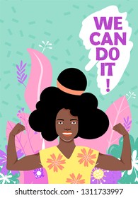 Feminism, girl power, International Women's Day concept with flowers and leaves. Strong afro-american girl showing her muscularity. Women empowerment. Vector illustration.