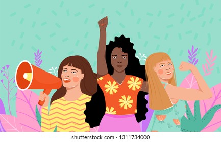 Feminism, girl power, International Women's Day concept. Group of women different nationalities and cultures protesting and vindicating their rights. Women empowerment. Vector illustration.