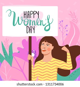 Feminism, girl power, International Women's Day concept with flowers and leaves. Strong girl with nameplates "Happy women's day". Women empowerment. Vector illustration.