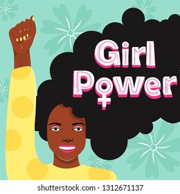 Feminism, girl power, International Women's Day concept. Strong afro-american girl showing her power. Women empowerment. Vector illustration.