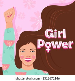 Feminism, girl power, International Women's Day concept. Strong girl showing her power. Women empowerment. Vector illustration.